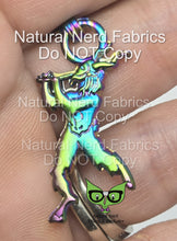 Load image into Gallery viewer, A rainbow -toned zipper pull with a saytr figure playing a lute design.