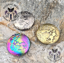 Load image into Gallery viewer, A collection of three magnetic snaps designed to look like a full moon in three finishes: antique nickel, bronze, and matte rainbow.