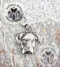 Load image into Gallery viewer, Antique nickel dog head zipper pull on a textured surface with 'Natural Nerd' branding. The dog breed is a boxer.