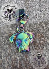 Load image into Gallery viewer, Matte Rainbow dog head zipper pull on a textured surface with 'Natural Nerd' branding. The dog breed is a boxer.