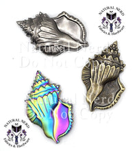 Load image into Gallery viewer, Three conch shell-shaped magnetic snaps in three finishes: antique nickel, bronze, and matte rainbow