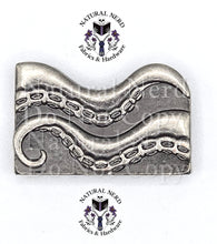 Load image into Gallery viewer, An antiqued silver metal octopus strap end with detailed suction cups, shown on a white background with 'Natural Nerd Fabrics & Hardware' watermarks.