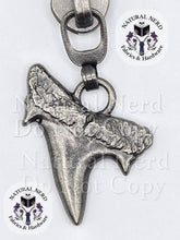 Load image into Gallery viewer, close up of an antique silver shark tooth shaped zipper pull