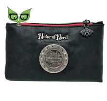 Load image into Gallery viewer, A Black wallet with red zipper tape, a black mothman zipper pull, a rould silver Believe emblen and metal Natural Nerd branding