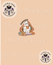 Load image into Gallery viewer, Beige background with Halloween-themed design featuring a ghost, books, and pumpkins, with 'Natural Nerd' branding.