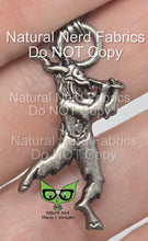Load image into Gallery viewer, An antique silver -toned zipper pull with a saytr figure playing a lute design. 
