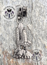 Load image into Gallery viewer, An antique nickel detailed zipper pull designed to look like a launching space shuttle.
