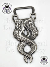 Load image into Gallery viewer, An antique nickel octopus tentacle strap anchor with detailed suckers, shown on a white background with 'Natural Nerd Fabrics &amp; Hardware' watermarks.
