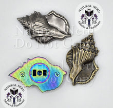 Load image into Gallery viewer, Three conch shell-shaped magnetic snaps in three finishes: antique nickel, bronze, and matte rainbow. the rainbow shell is flipped to the back to show the installation side.
