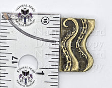 Load image into Gallery viewer, A bronze octopus tentacle one-inch strap end shown next to a ruler for scale.
