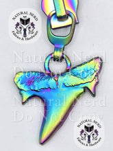 Load image into Gallery viewer, close up of a matte rainbow shark tooth shaped zipper pull
