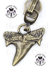 Load image into Gallery viewer, close up of an antique bronze shark tooth shaped zipper pull
