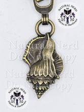 Load image into Gallery viewer, An antique bronze seashell-shaped metal zipper pull, shown on a white background with 'Natural Nerd Fabrics &amp; Hardware' watermarks.
