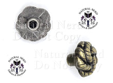 Load image into Gallery viewer, Two metal Chicago screw pieces on a white background: a round textured silver-toned piece at upper left shown from the bottom and a twisted rope design bronze-toned piece at lower right, with repeated 'Natural Nerd Fabrics &amp; Hardware' logos and a faint 'Do Not Copy' watermark.
