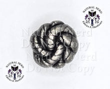 Load image into Gallery viewer, A single antique silver knot-shaped Chicago Screw, shown on a plain white background with two 'Natural Nerd Fabrics &amp; Hardware' logos and a faint watermark overlay.
