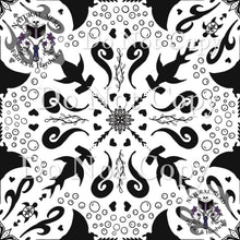 Load image into Gallery viewer, a black and white fabric swatch featuring silhouettes of hammerhead sharks, manta raysm and sea turtles 

