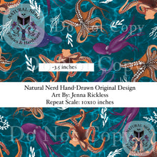 Load image into Gallery viewer, watermarked seamless fabric file featuring purple and orange octopuses on a blue watery background. A banner indicates the art is hand-drawn and the repeat scale is 10x10 inches
